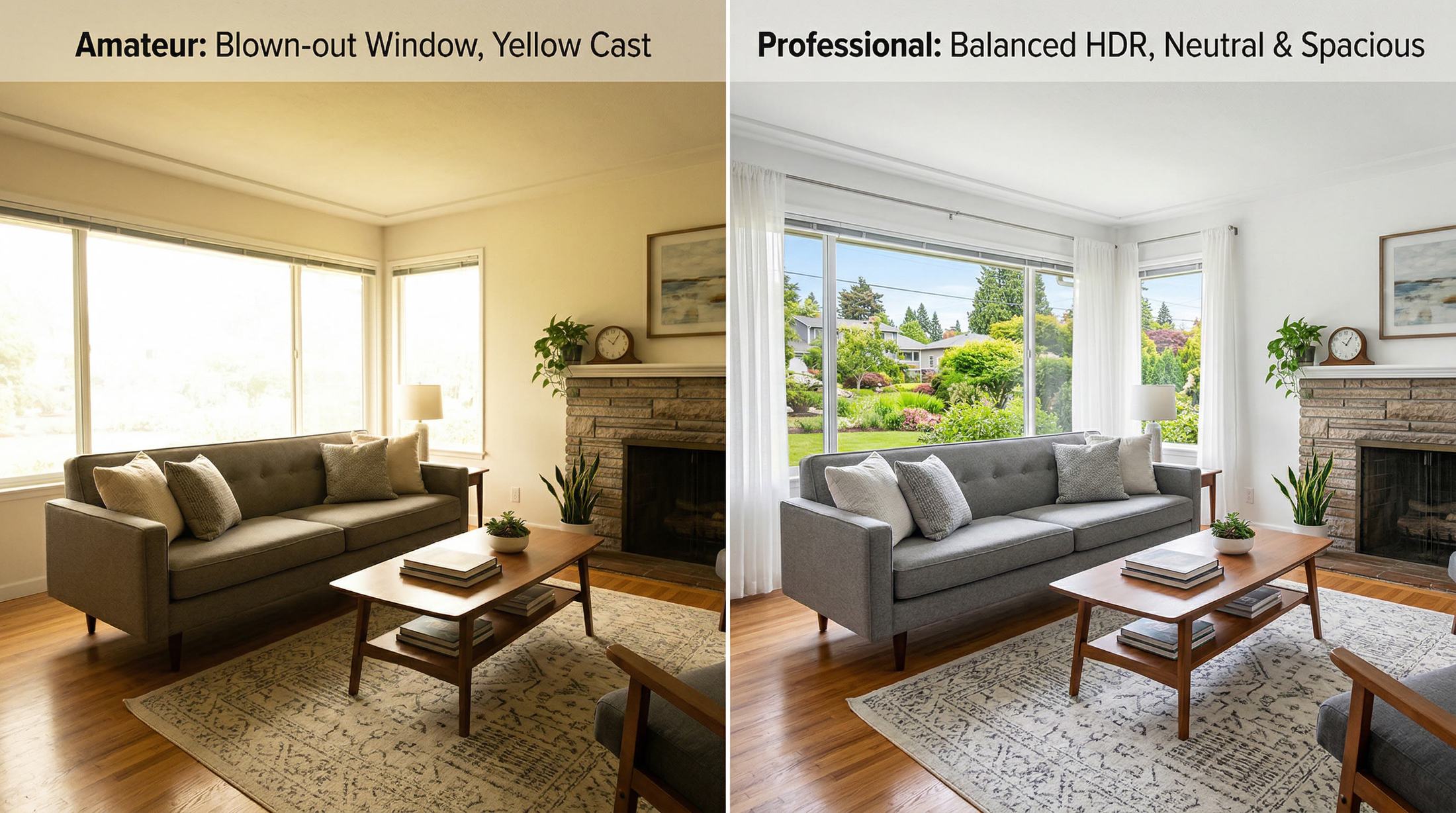 Property photo before and after professional HDR retouching