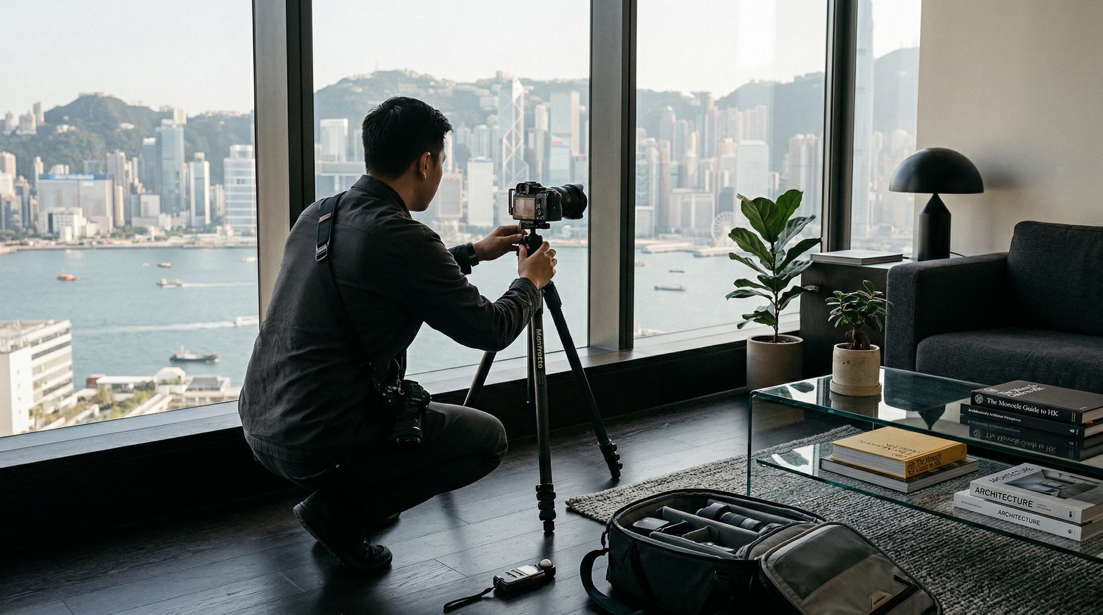 Professional photographer setting up in a Hong Kong apartment