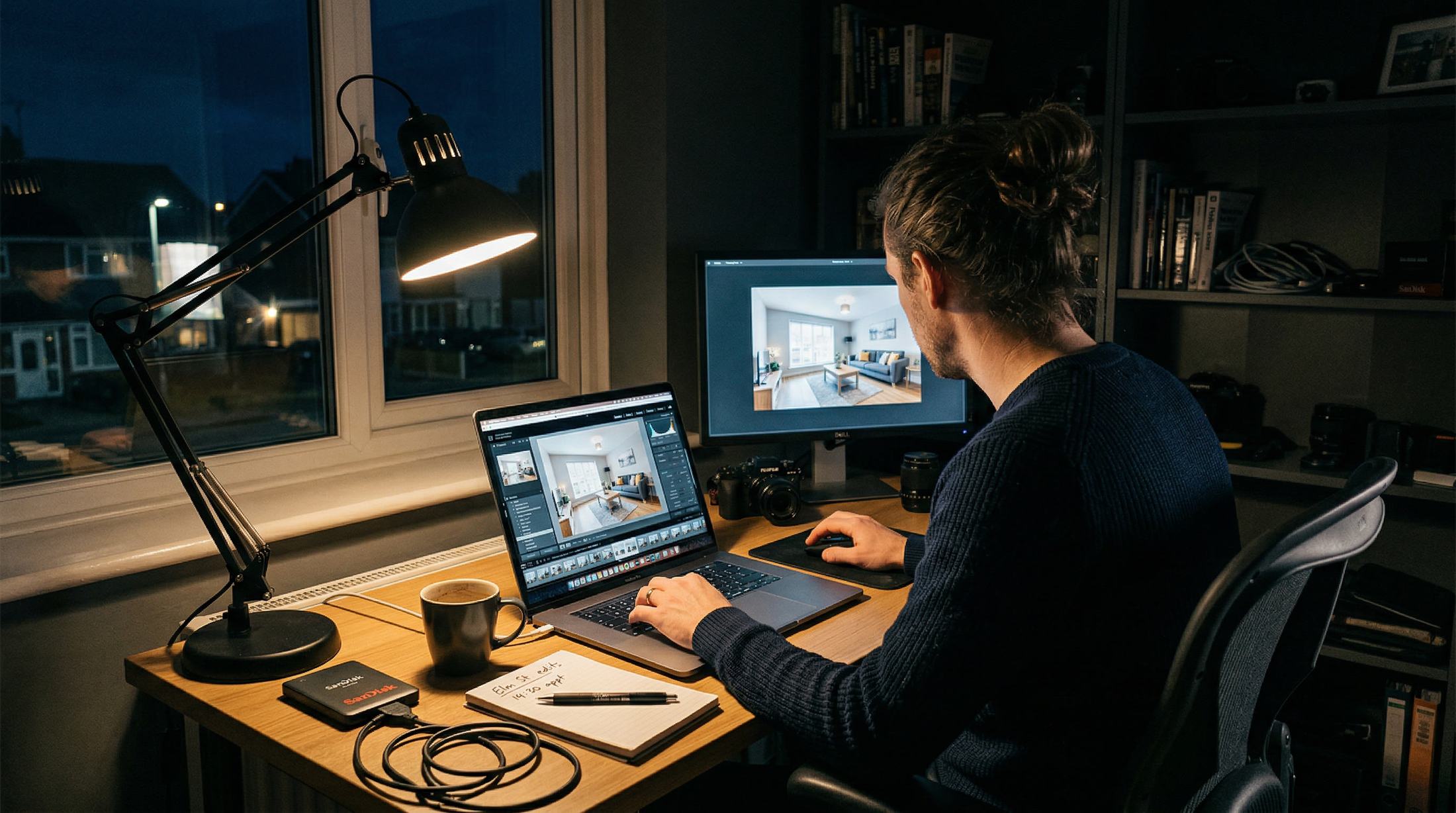 Property photographer editing late at night